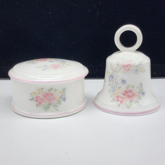St. George Fine Bone China Bell and Trinket Box Pastel Floral Pink Purple VTG - Picture 1 of 8